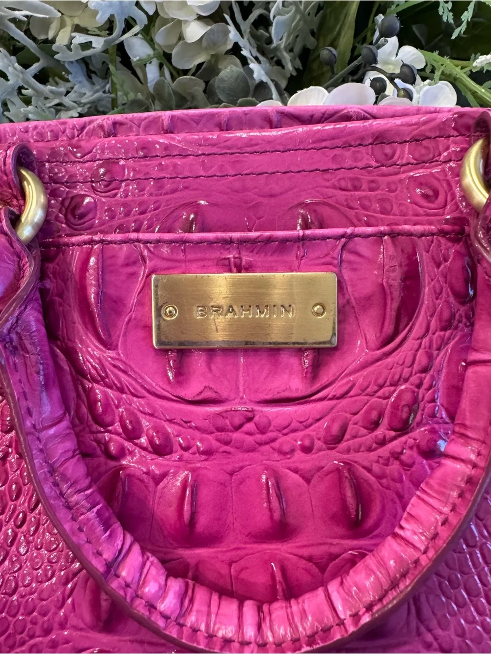 🩷🐊Brahmin Mini Asher Satchel Fuchsia Croc Embossed Leather Crossbody Pink